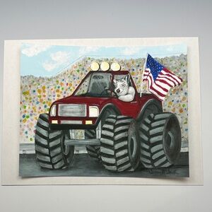 Red Monster Truck Art Print with Hog and Flag